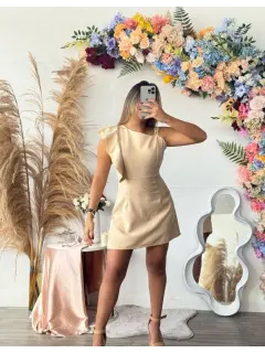 YJY018-120180 VESTIDO CORTO CON DETALLE DE FARALAOS EN HOMBRO UNICOLOR ❌AGOTADO❌