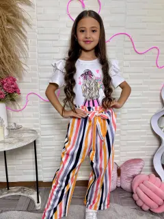 KL109-081090 SET DE NIñAS CON BLUSA UNICOLOR ESTAMPADO DE MUñECA Y PANTALON DE COLORES