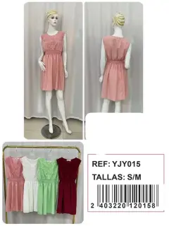 YJY015-120158 VESTIDO CORTO CON ENCAJE Y GOMA EN CINTURA UNICOLOR ❌AGOTADO❌