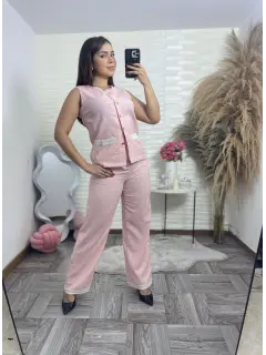 HZS368-063689 SET LARGO CASUAL CON CHALECO CON BOLSILLOS Y DETALLES DE ENCAJE
