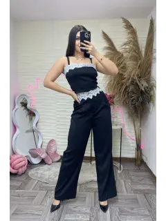 JR188-021889 SET LARFO CASUAL CON DEALLES DE BLONDA EN TOP Y PRETINA PANTALON