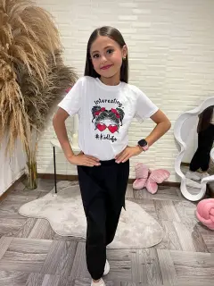 AF036-010365 SET DE NIñA CASUAL CON BLUSA ESTAMPADA Y PANTALON TIPO JOGGER